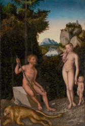 Un faune et sa famille avec un lion tué
